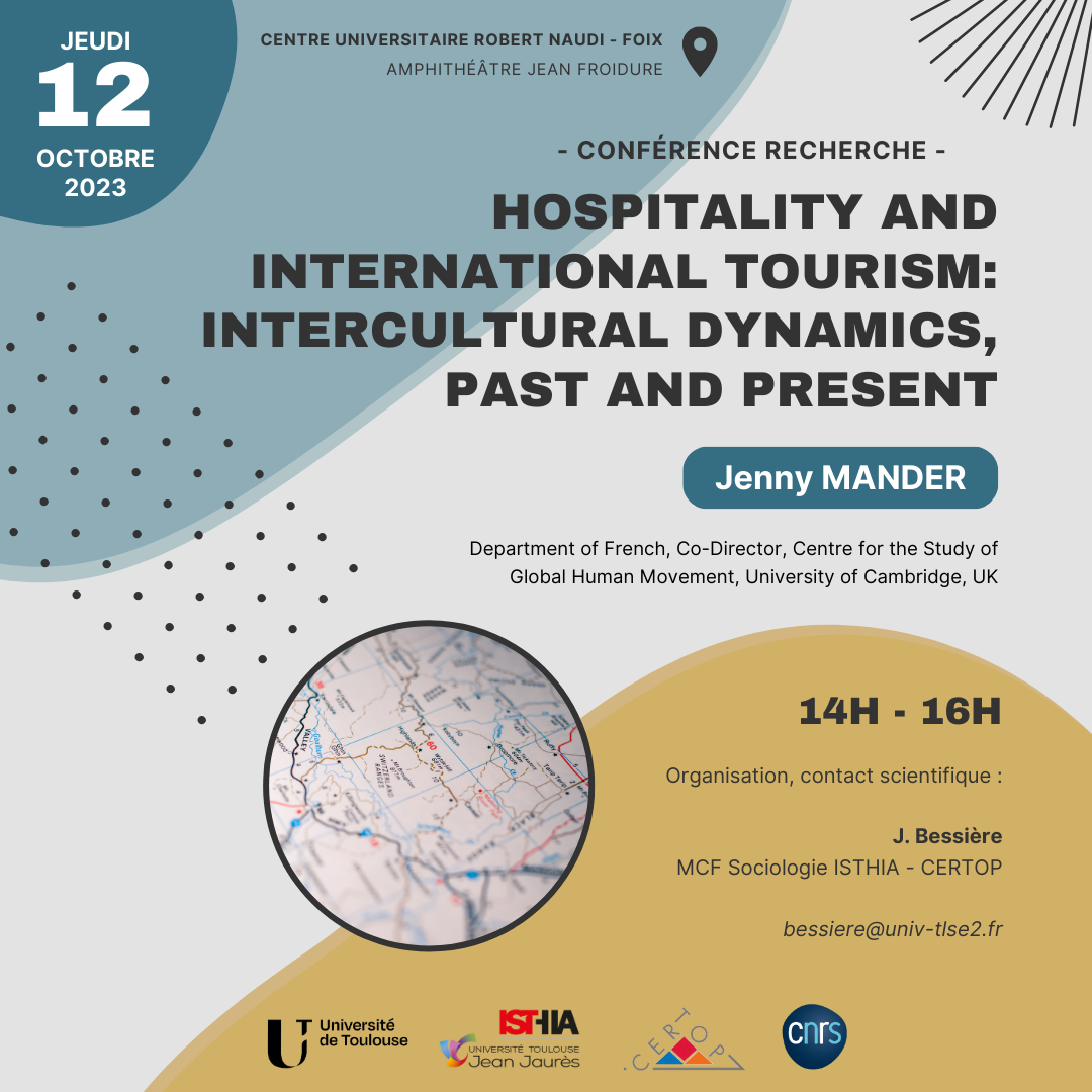 Conférence de Jenny Mender le 12/10/2023 "Hospitality and international tourism: intercultural dynamics, past and present"
