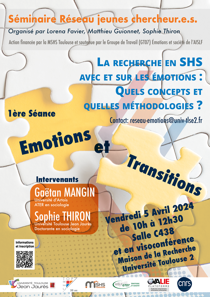 Workshop Emotions - réseau Jeunes Chercheurs - Séance 1, Emotions et Transition - Le 504/2024 de 10h à 12h30 - Salle C438 CERTOP Maison de la Recherche 4è étage